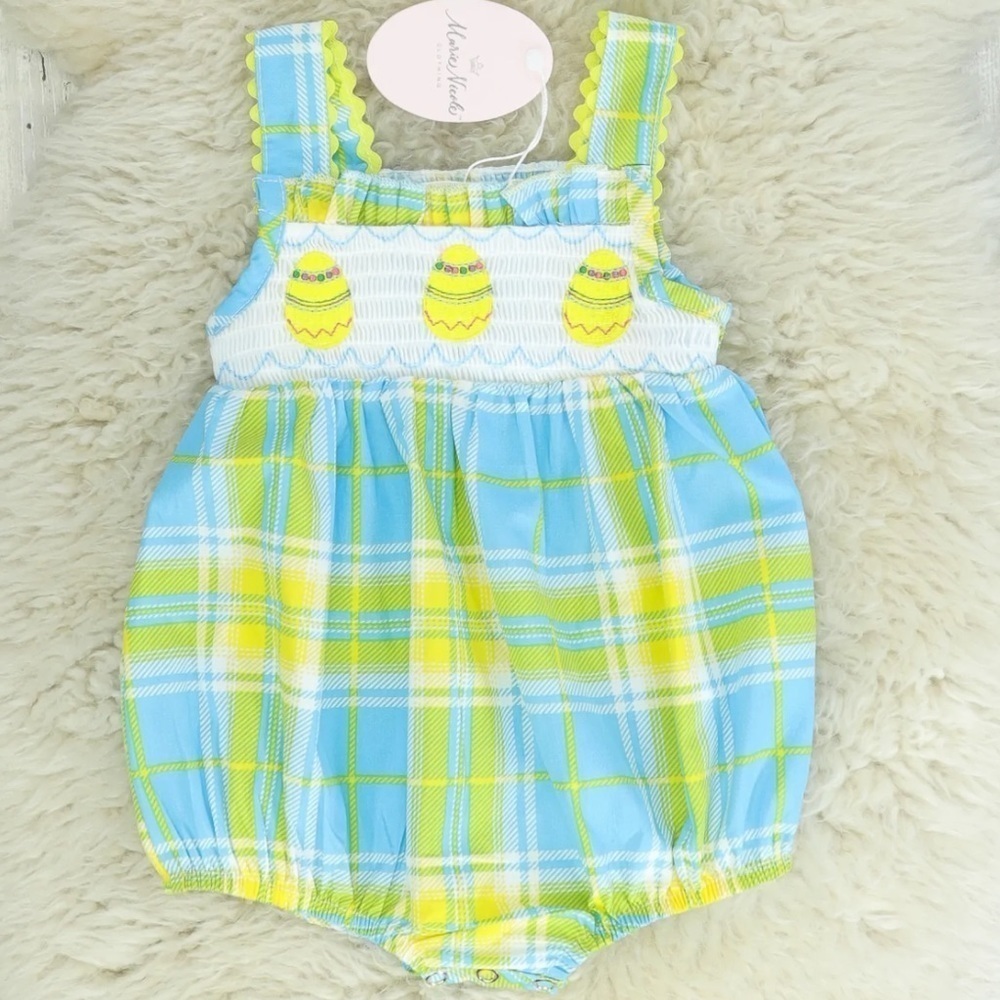 Marie Nicole Unisex Blue/yellow plaid Easter egg smocked bubble romper 0-3 month